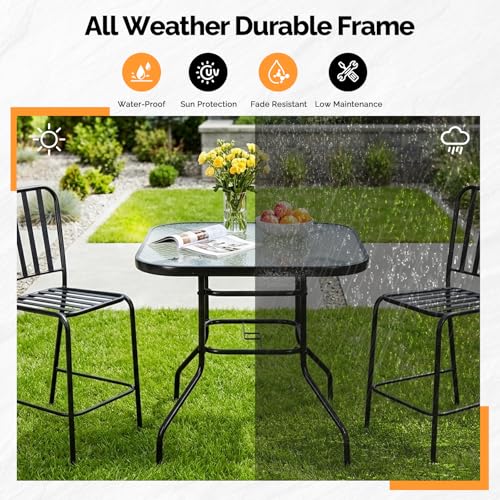 Image of VINGLI Glass Patio Table with Umbrella Hole, 32 inch Square Outdoor Dining Table Steel Tempered Glass Patio Tables Outdoor Tables for Balcony Garden Deck