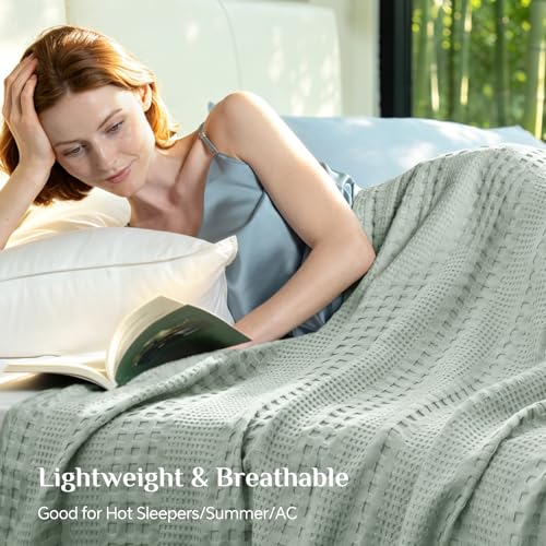 Image of BEDELITE Cooling Waffle Blanket Queen Size - Lightweight Breathable Cotton Summer Blanket of Rayon Derived from Bamboo for Hot Sleepers, Soft Throws for Bed, Couch and Sofa, Sage Green, 90x90 Inches