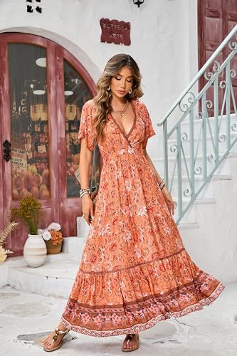 Image of R.Vivimos Women's Summer V Neck Maxi Dress Boho Floral Print Short Sleeve Elastic Waist Ruffle Patchwork A-Line Beach Dress