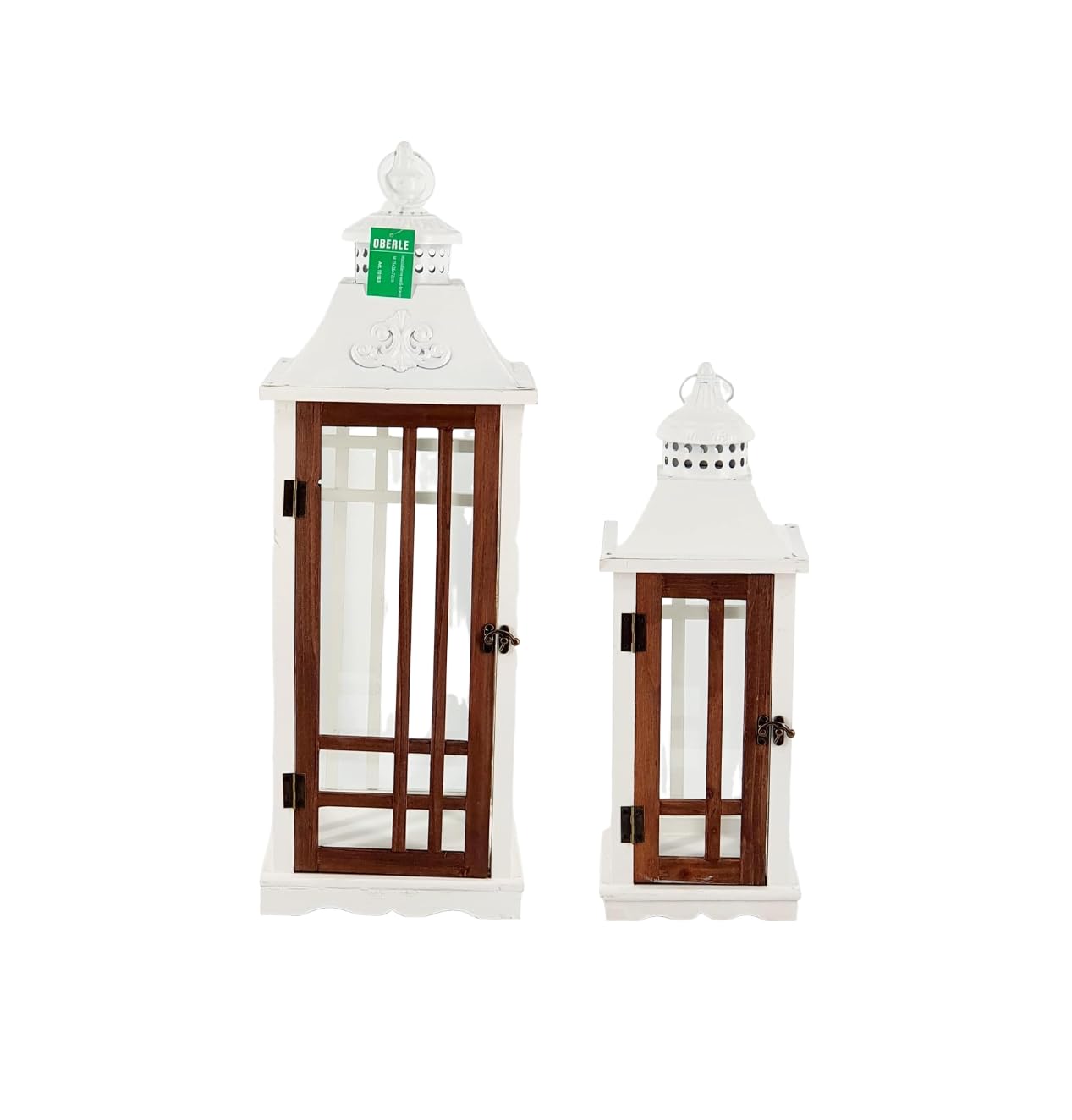 2 er-Set Laternen, Windlichter, Holz, Metall, Antik, weiß-braun mit 2 Kerzen - H48/72cm