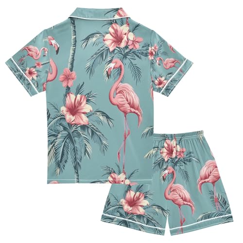 senya Pink Flamingo A Satin Summer Pajama Sets Silk Short Sleeve Button Down Sleepwear2