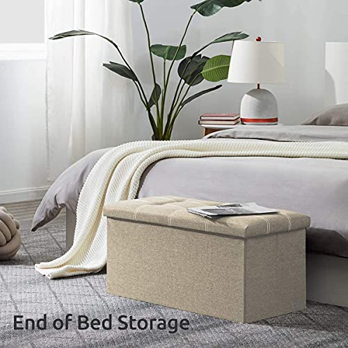 Image of Folding Storage Ottoman, Long Shoes Sofa Bench, Fabric Linen Footrest Stool for Laundry, Storage Space, End of Bed Seat, Toys Storage Organizer Bin Box with Lidded Cover (Beige, 76X38X38)