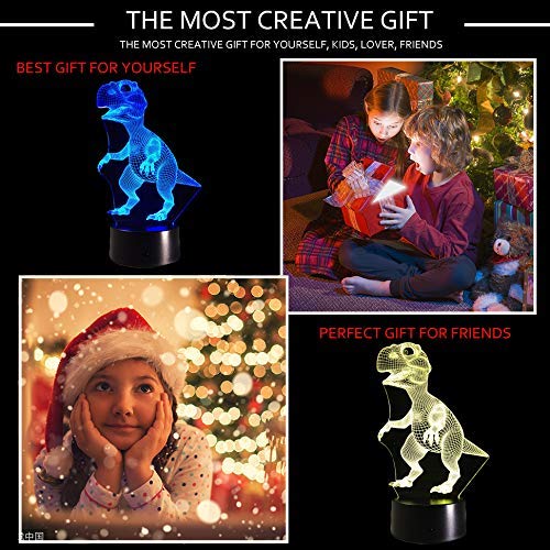 Tiscen 3D Illusion Night Light, Led Table Desk Lamps, Dinosaur Nightlights, 7 Colors Usb Charge Lighting Bedroom Home Decoration For Kids Christmas Halloween Birthday Gift,Plastic #TOP5
