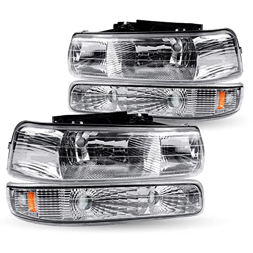TUSDAR Headlight Assembly with Bumper Lights 4pcs Compatible with 1999-2002 Chevy Silverado / 2000-2006 Chevy Tahoe Suburban (Chrome Housing with Amber Reflector)