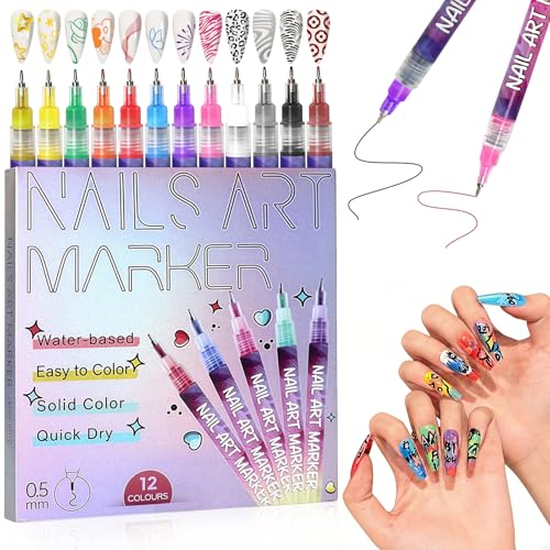 Nail Art Pens for Beginners 12 Color Quick Dry Fine Tip Markers Professional Painting & Design Kit with Travel Case