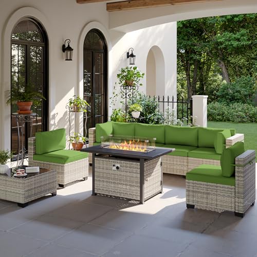 Image of Outdoor PE Wicker Rattan Modular Patio Sectional Sofa Set | 8-Piece: 6 Modular Seats, Coffee Table & 55,000 BTU Fire Pit Table, Grass Green