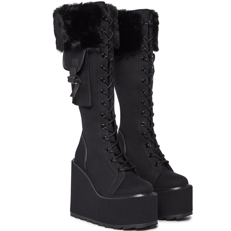 AMINUGAL Knee High Boots Women Round Toe Black Platform Combat Boots Womens Lace Up Wedge Boots Chunky Block Heel Punk Goth Wide Calf Boots Gothic Motorcycle Booties for Women Size 7.5