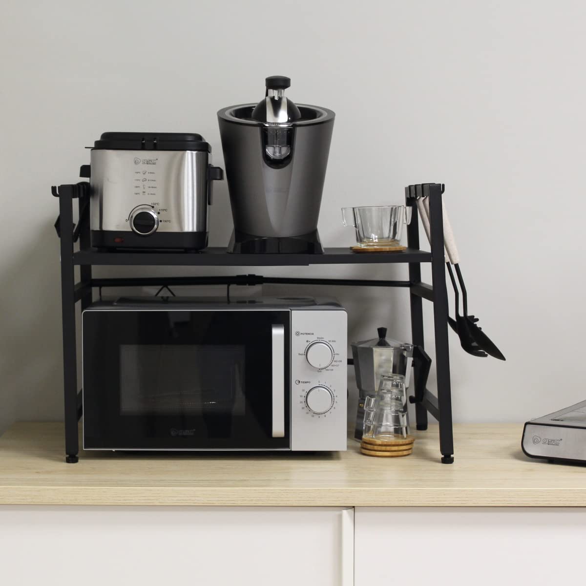 HOLMIOS Extendable Microwave Stand | Organizer Shelf for Countertop | Multipurpose | Up to 20 kg | Stable and Non-Slip | 2 Levels | Black