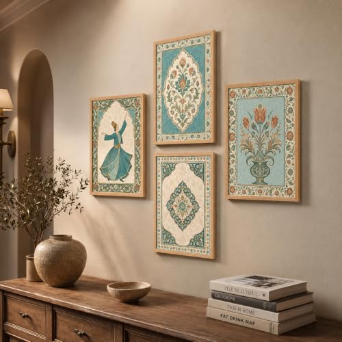 Image of Livin'luxe Set of 4 Persian Floral & Sufi Dancer Wall Paintings with Sparkle Laminate and Premium Wooden Synthetic Frame for Living Room Bedroom Office Decor (13.5 x 19.5 Inch)