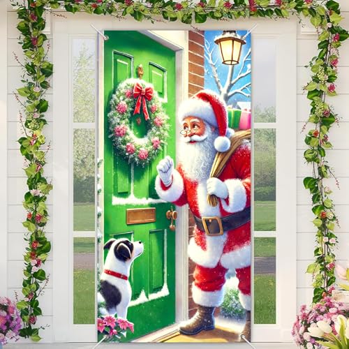 Image of BlissYard Holiday Door Cover Santa Dog 35x71 Inch Polyester