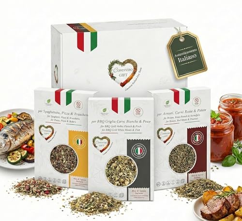 Condiviso GIFT - Spezie Cucina Assortite Gourmet 100% Italiane Naturali - Set Regalo Uomo & Donna Originale Confezione - Collezione 3 Selezioni per Carne, Pesce, Sugo Pomodoro & Verdure