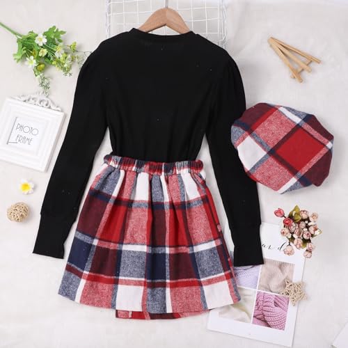 Girls Sweater Skirts Sets with Hat Knit Long Sleeve Pullover Sweater and Open Side Plaid Striped Skirts for Kids3