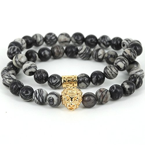 MESE London Cabeza De León Y Brazalete De Cuentas De Mármol Con Piedra 'The King' en Caja de Regalo Elegante