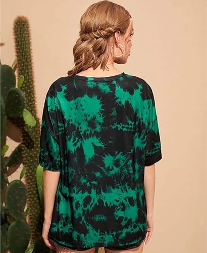 Image of London Hills tie dye Tshirt for Women Oversized t Shirts for Women Drop Shoulder Tshirt Pure Cotton Half Sleeve T-Shirt Green Black