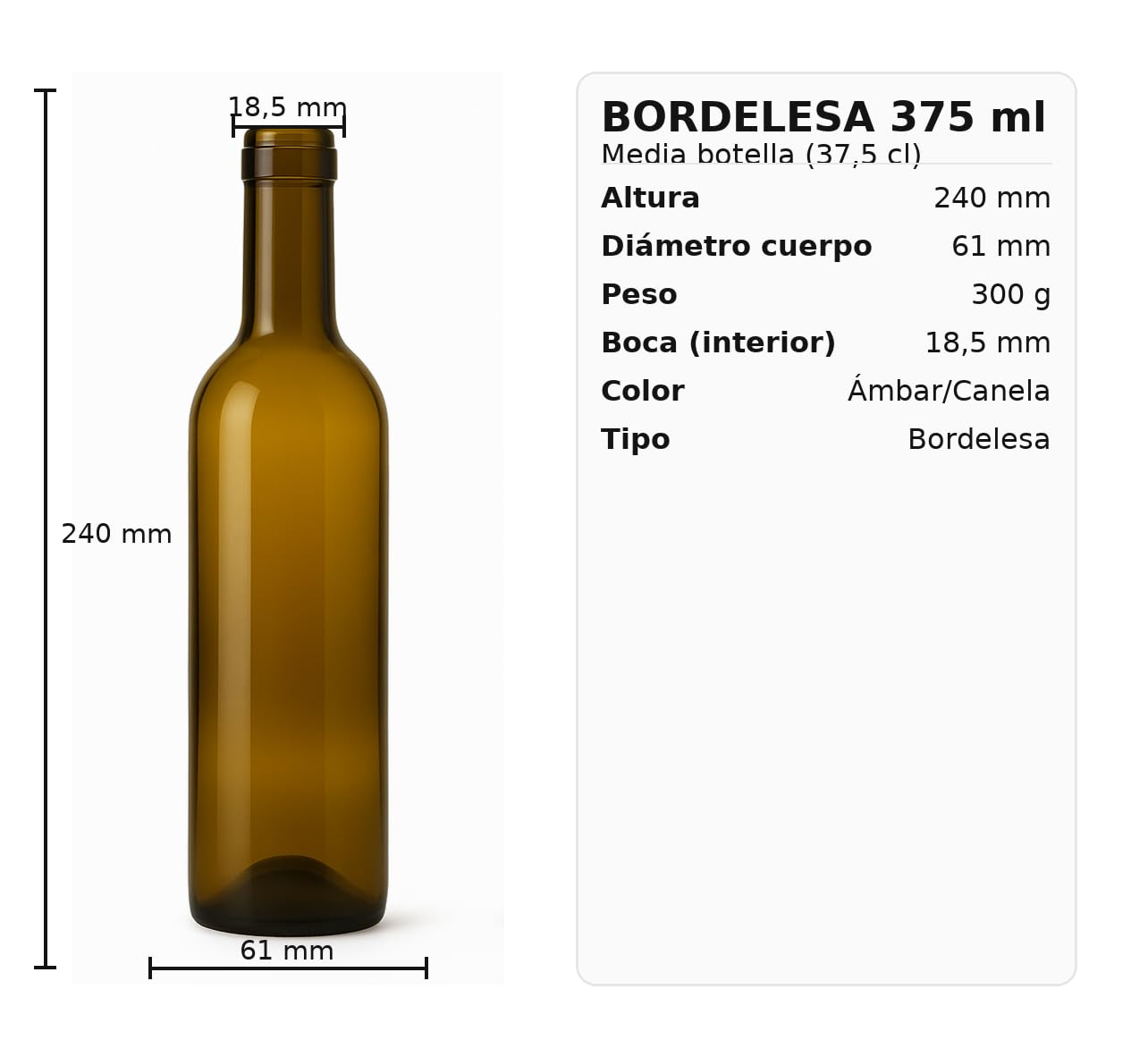 Botellas de Vino 375 ml Pack 18 Cristal Ámbar/Canela Corcho Cónico Bordelesa