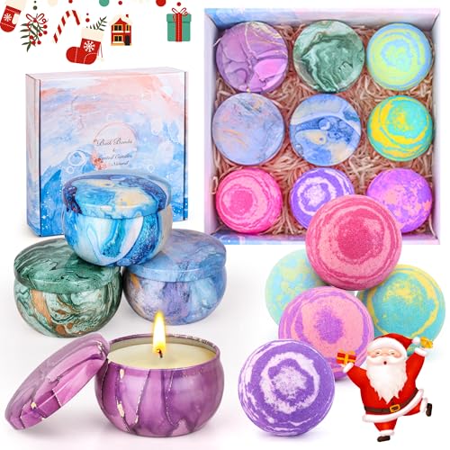 Cadeaux pour femmes, coffret cadeau de 5 bombes de bain et 4 bougies parfumées, cadeau de Noël relaxant et aromathérapeutique pour femmes, coffret cadeau de bougies parfumées pour les mères et les ami