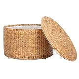 SAFAVIEH Home Collection – Jesse Natural Wicker Storage Round Coffee Table, Fully Assembled, Handwoven Rattan with Lift-Off Lid & Cotton-Lined Interior, Decorative Living Room Accent (SEA7034A)