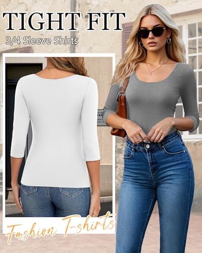 Ficerd 3 Pack Women's 3/4 Sleeve Shirts, Scoop Neck Cotton Slim Fit Tops Soft U Neck Knit Fitted Basic Tees Blouses4
