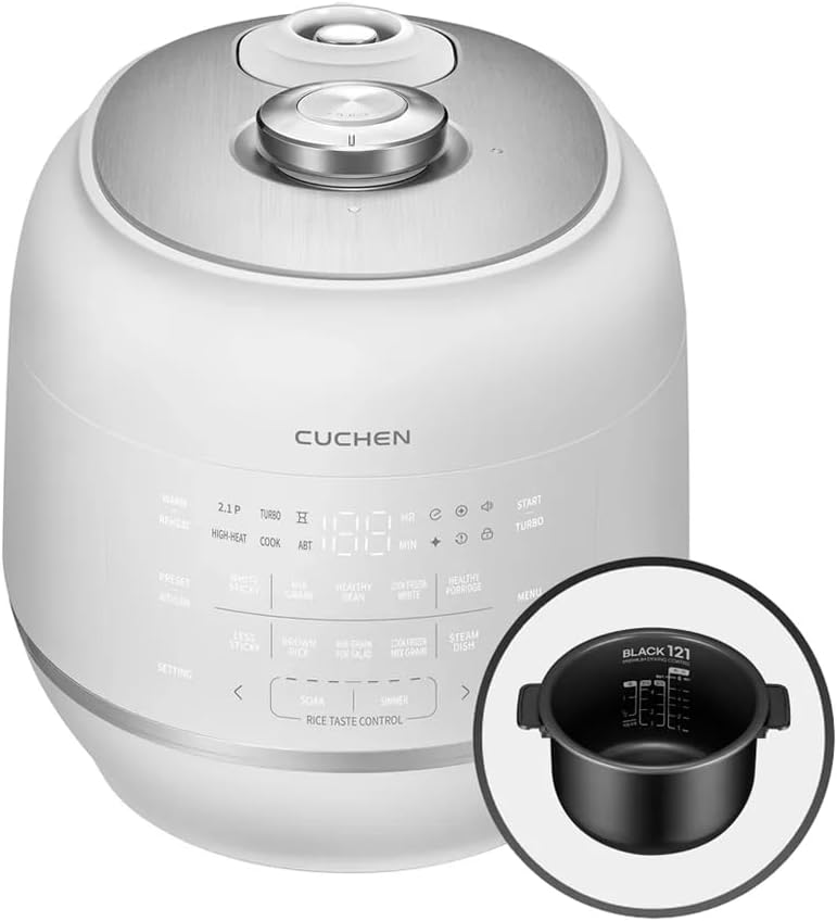 Cuchen 10-Cup Premium IH Pressure Rice Cooker with 316Ti Stainless Steel Inner Pot, 2.1 Bar High Pressure for Multi-Grain & Canning, Auto Steam Clean, White (CRT-RPD1010IEWUS)