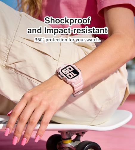 Image of ULTIMAL Rugged Band Compatible with Apple Watch Band 42mm Series 11 /10 with Case, Military-Grade Shockproof Strap for iWatch with Bumper Case Cover Men Women(Pink)
