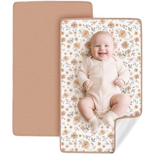 Image of Konssy 2 Pack Waterproof Muslin Cotton Portable Changing Pad 30"x 17", Soft & Foldable Baby Changing Mat Travel Pad with Terry Backing, Shower Gift for Newborn Girls Boys (Toffee,Flourish)