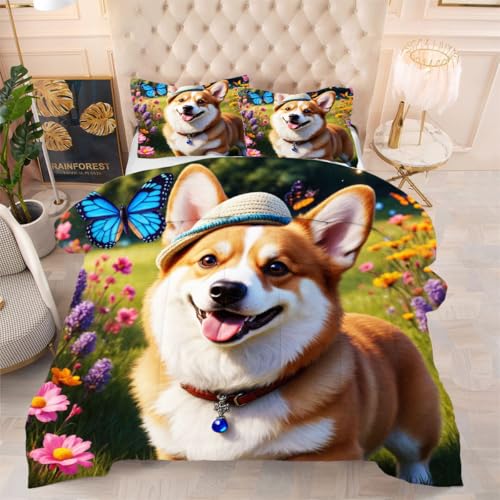 ZZXHG Edredón Matrimonio Estampado 3D | Corgi Amarillo, Nórdico Reversible de 4 Estaciones, Lavable, Incluye 2 Fundas de Almohada 50x75 cm, para Cama de 105 cm f952