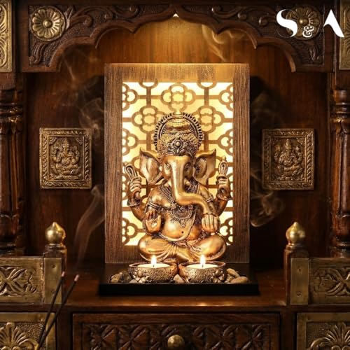 Image of S & A Antique Ganesha Idol with Backlit Design - Decorative Showpiece for Home & Office Decor | Includes Diya & Pebble Arrangement | Festive & Gifting Accent | 23.5 cm