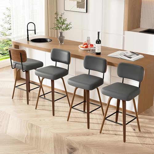 Image of Swivel Bar Stools Set of 4, 26 inch Upholstered Faux Leather Counter Height Barstools with Walnut Back & Bentwood Legs, Mid Century Modern Bar Chairs Island Stools for Kitchen Counter, Dark Grey