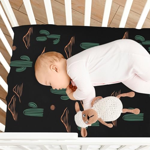 Image of Cactus Plant and Mountain Black Fitted Crib Sheets Stretchy Portable Playard Sheets for Baby Toddler, Breathable Soft Mini Crib Mattress 52 x 28 in for Boys and Girls