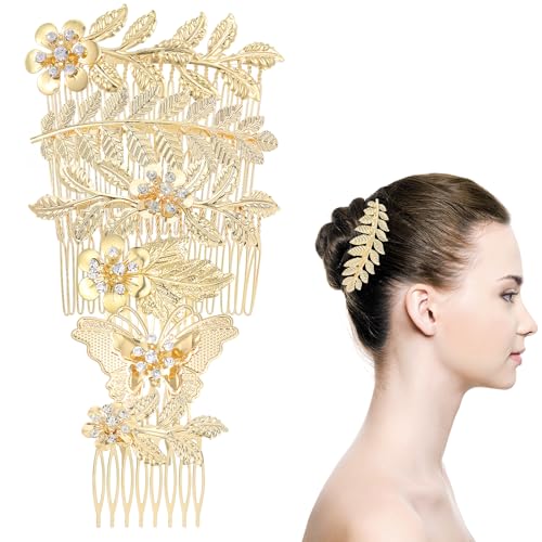 Amaxiu Lot de 6 peignes à cheveux en forme de feuille dorée avec strass - Accessoire de mariage pour femme et fille - Épingles à cheveux