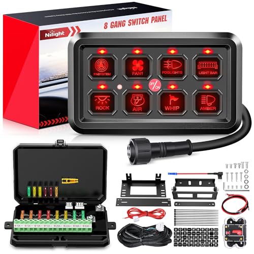 Image of Nilight 8 Gang Switch Panel Relay System Automatic Dimmable | Universal Circuit Control Fuse Wiring Harness ON Off Red Backlit LED Pod for 12V Cars Trucks Boats Campers SUV