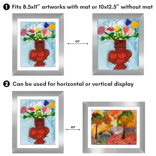 Image of Americanflat - 2 Pack - Kids Artwork Frame Changeable (Silver) - Magnetic Door Holds 100 Art Pieces - 8.5x11 Letter Size Display with Mat or 10x12.5 Without Mat - My Mini Masterpiece
