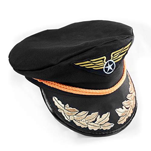 Airline Pilot Captains Hat - One Size with Adjustable Baseball Hat Snap Back - Costume Accessory - Fits Most Youth & Adults Black