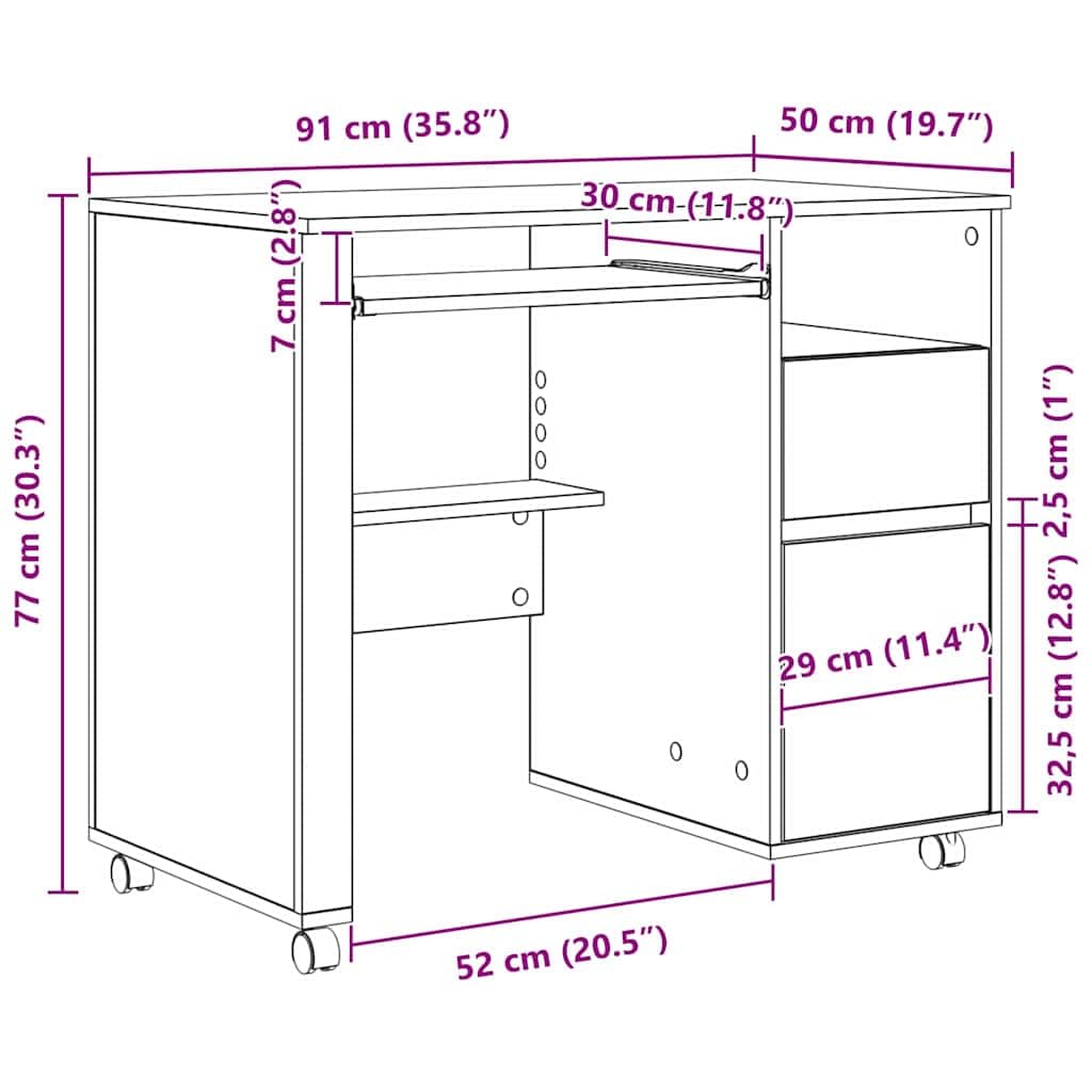 Schreibtisch mit Rollen Artisan-Eiche 91 x 50 x 77 cm Holzwerkstoff mit Schublade, Regal, Ablage und Stauraum für Homeoffice, Büro, Arbeitszimmer, PC, Laptop, Monitor, Gaming, Lernen