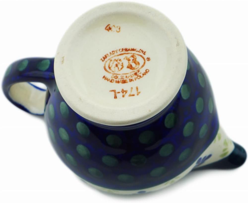 Polmedia Polish Pottery Creamer - Green Gingham Peacock Pattern Handmade in Boleslawiec Poland + Certificate of Authenticity