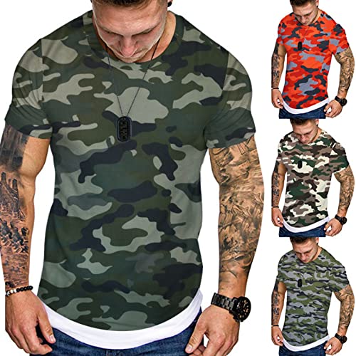 Men's Camouflage T-Shirt Sports Fitness Short Sleeve Military Camo Crewneck Vintage Shirt Comfy Strecthy Slim Tees #TOP13