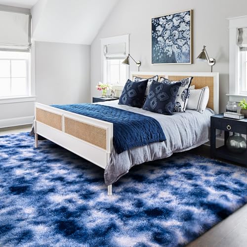 5x7 ft Fuzzy Rug for Living Room Soft Fluffy Blue White Bedroom Area Rugs Non-Slip Shaggy Carpet for Nursery Kids PlayRoom Dorm Office Indoor Modern Plush Carpets