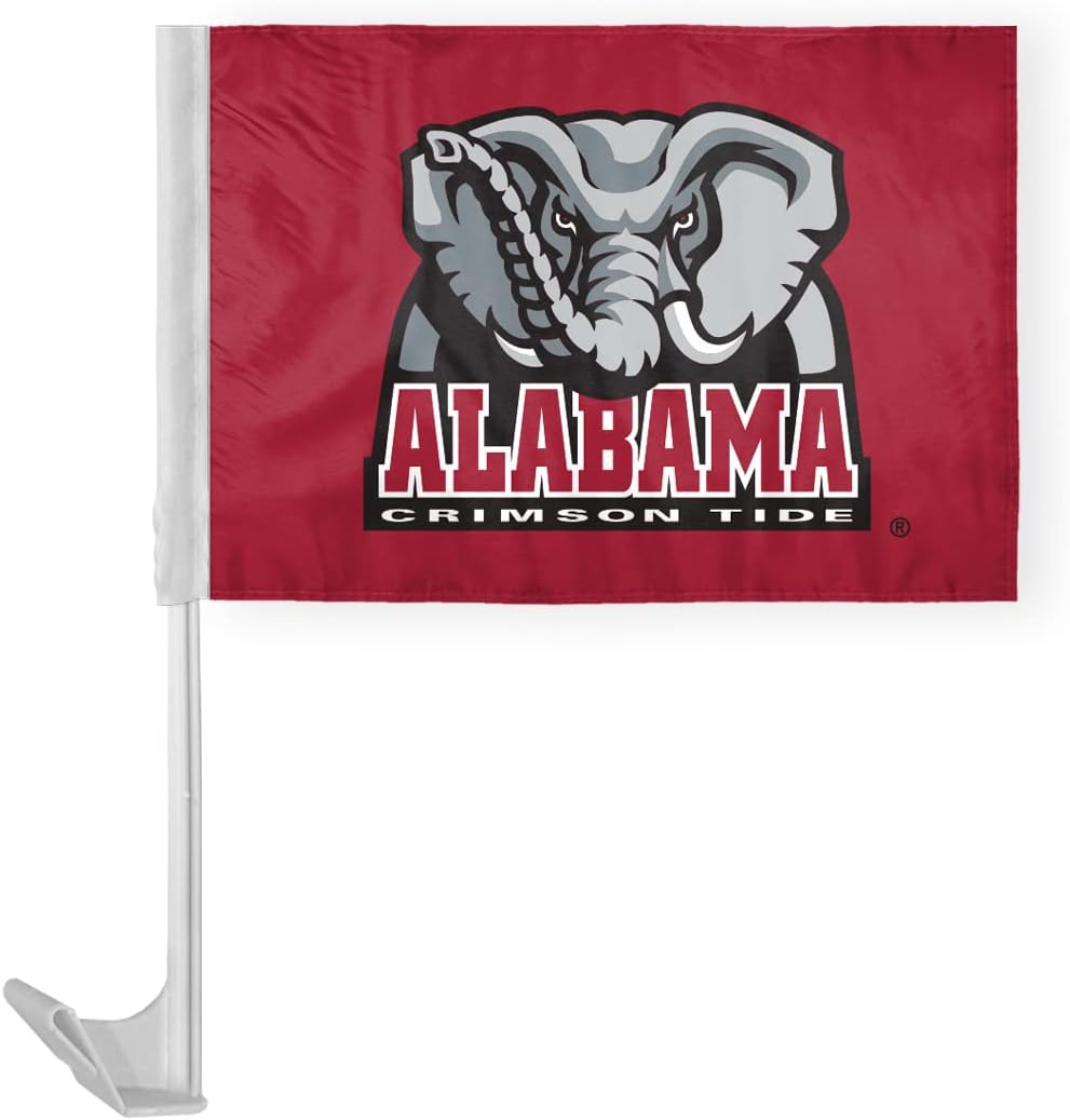 AGAS Alabama University Crimson Tide Football Big AL Crimson Tide Car Flags - 7.5x10.5 inch Double-Layered Printed Polyester Fabric - 13" Flexible Plastic Pole for Attaching to Vehicle Window - Officially Licensed Alabama University Crimson Tide Mascot Car Flags
