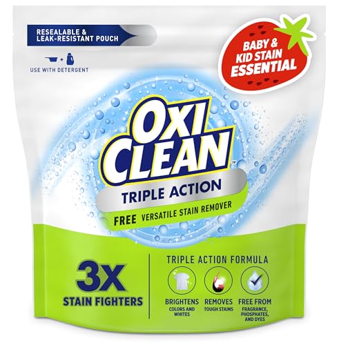 OxiClean Triple Action Free Versatile Stain Remover Powder, Use with Detergent, No Fragrance, No Dyes, No Chlorine, Removes Stains, Brightens Colors and Whites, 4 lbs