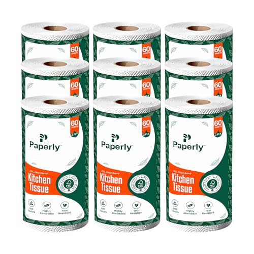 Image of Kitchen Tissue Paper Roll, 2-Ply Kitchen Towels Rolls for Home Hotel Catering Office | High Water & Oil Absorbency 100% Virgin Pulp, 60 Sheets Per Roll (60 Sheets (Pack of 9))