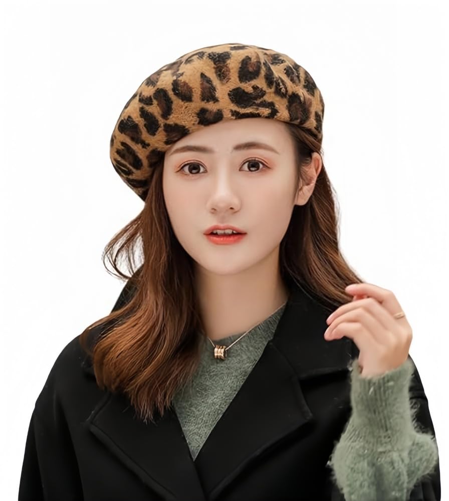 Women Classic Leopard Print French Wool Beret Hat Painting Artist Classic Leopard Print Beret Hat Soft Stretchy Warm Fashion Cap for Autumn Winter Brown