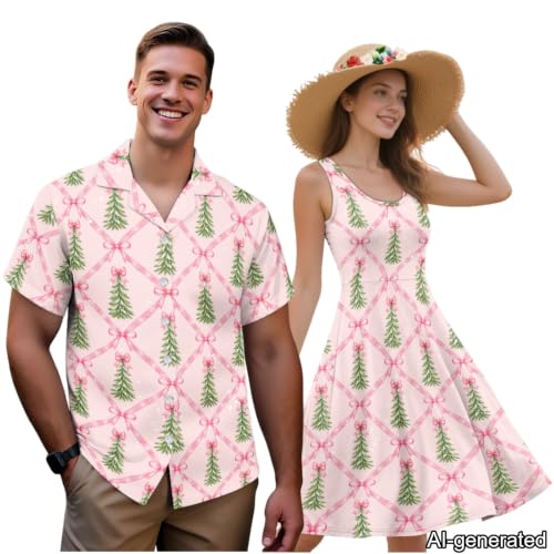 Image of Dreaweet Summer Dresses for Women A-Line Sleeveless Flowy Sun Dresses,Men's Casual Button-Down Shirts,Couple Matching Outfits