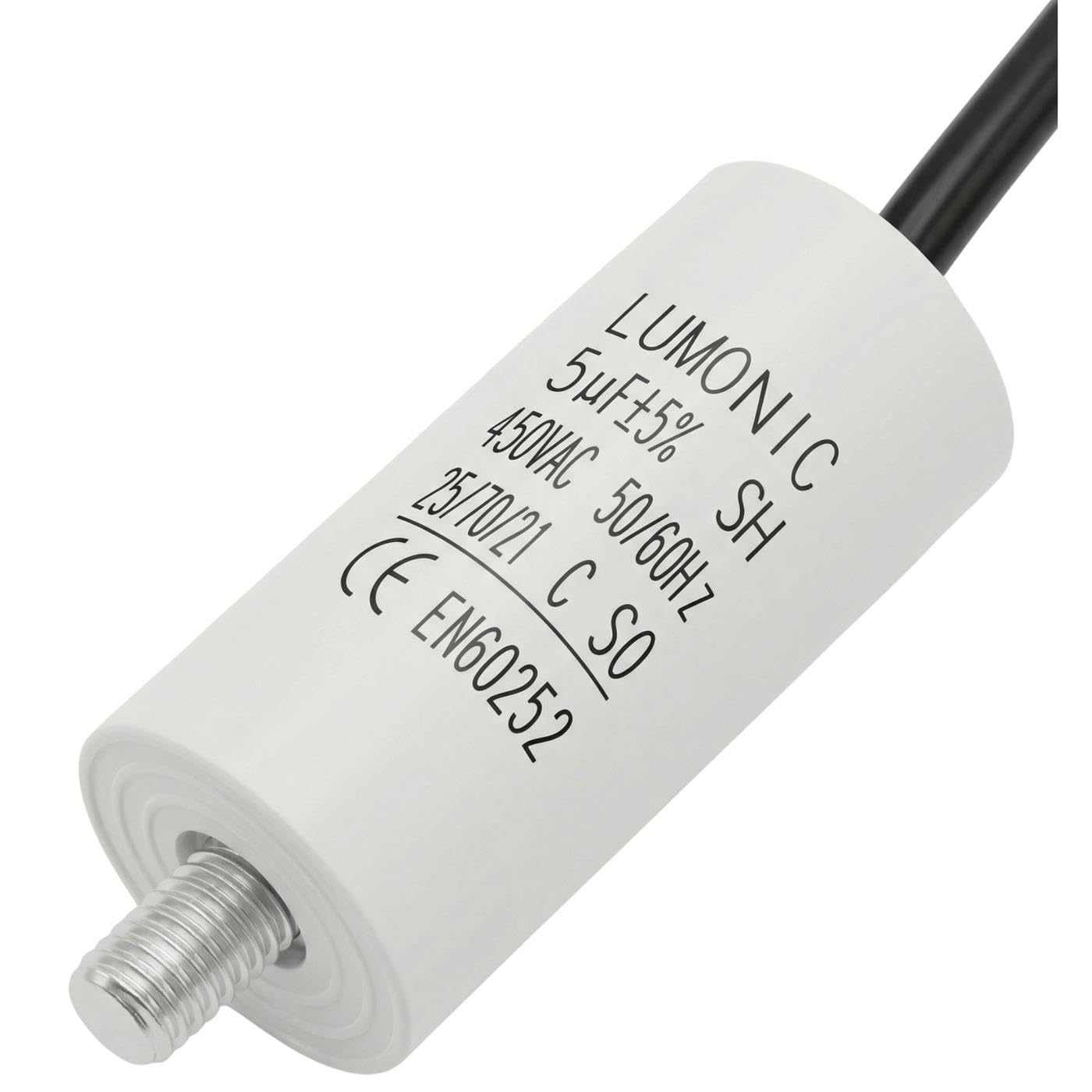 Lumonic Kondensator rozruchowy 5µF 450V | z Kabel I 26x55mm I 5uF I Kondensator silnikowy z plastikowa obudowa I Kondensator operacyjny I do pomp, kosiarek, narzedzi