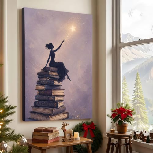 Minimalist Reading Lavender Book and Star Canvas Wall Art Whimsical Woman Silhouette Painting Celestial Pastel Purple Poster Cozy Reader Living Room Kids Bedroom Decor (Framed,16x24in) - Image 5