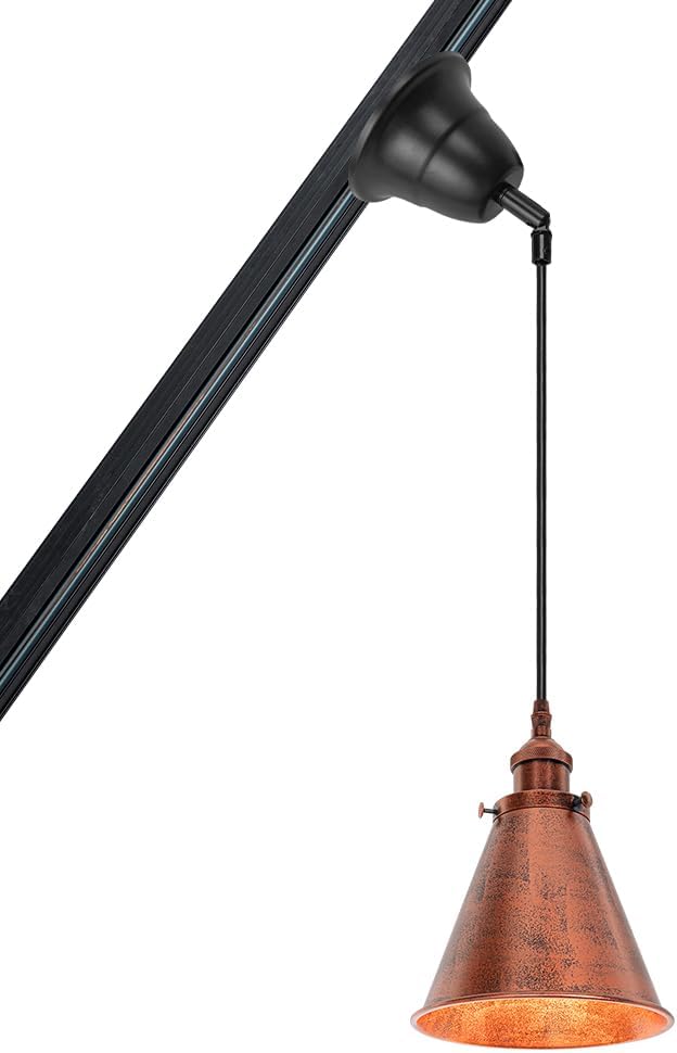 Adjusted Cable Halo Track Lamp Rust Color Metal Cone Shade Vintage Pendant Lighting for Slope Position Roof Kitchen Dining Room(No Bulb, Track)