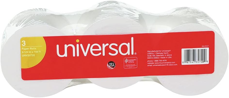 Universal 35720 Adding Machine/Calculator Roll, 16 lb, 1/2" Core, 2-1/4" x 150 ft, White (Pack of 3) (UNV35720)