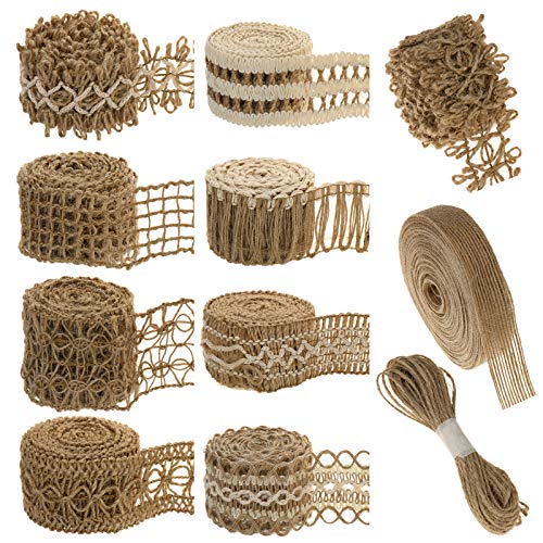 Meetory Paquete de 11 cintas de yute, cinta de tela de arpillera natural con cordel de yute de 32.8 pies para manualidades, envoltura y decoración rústica de boda, fiesta de hogar, Navidad