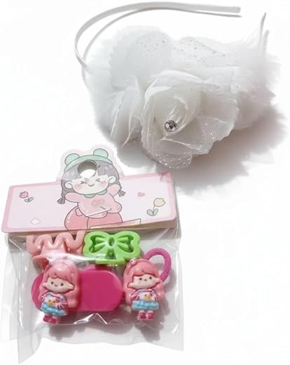 Alvero 5Pc Kids Hair Accessories Combo Set for Girls – Floral Headband, Cute Cartoon Hair Clips, Claw Clips & Elastic Hair...
