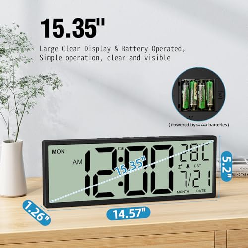 Image of XREXS 14.5 inch Digital Wall Clock Battery Operated with Big Digits LCD Screen Display, Large Display Timer with Temperature Date Week Auto DST, Alarm Clock for Classroom, Livingroom, Office