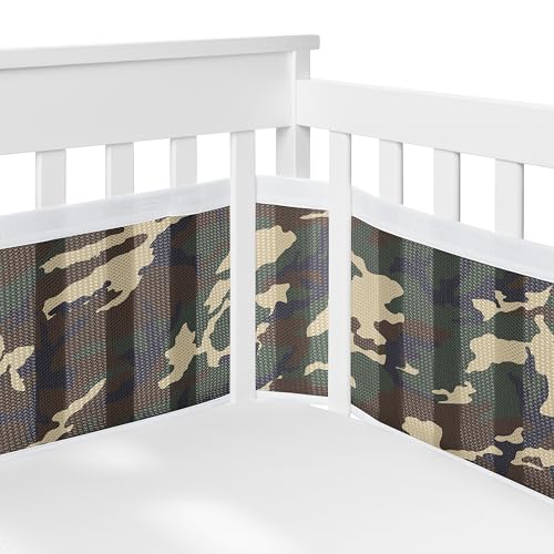 Image of Sweet Jojo Designs + BreathableBaby 2-Piece Breathable Mesh Crib Liner Set (Woodland Camo) for Boys, Baby, Infants /Newborn Nursery (Rustic, Forest, Army Military, Camouflage Print, Beige, Green /Black)